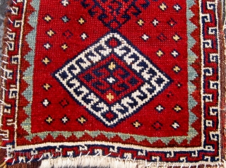 Antique Anatolian yastik, late nineteenth century, all natural saturated  dyes, edges and ends compromised as shown, but no repairs or reweaves.  18" by 30".  Photos 2, 8, and 9  ...