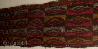 Framed Pre-Columbian (Chancay) textile fragment, either belt or headband, with 3 repeating patterns in succession, 11" by 27" frame size, 3" by 20" fragment size.  Please ask for additional photos  