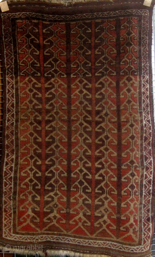 Lovely unusual antique Baluch large balisht or small rug, 1900 or before, all natural dyes, beautiful condition, with a design I have seen used as element of a larger composition before and  ...