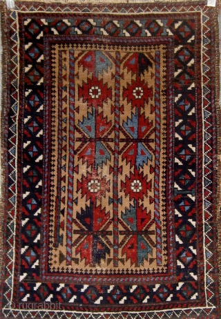 Lovely camel ground 19th century Baluch small rug, with beautiful shades of pale blue, blue-green, and darker blue, with strong graphics.  All natural  dyes, very floppy handle.  34" by  ...