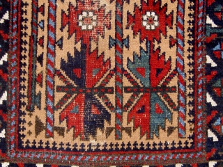 Lovely camel ground 19th century Baluch small rug, with beautiful shades of pale blue, blue-green, and darker blue, with strong graphics.  All natural  dyes, very floppy handle.  34" by  ...