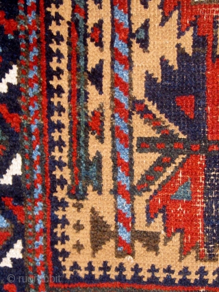 Lovely camel ground 19th century Baluch small rug, with beautiful shades of pale blue, blue-green, and darker blue, with strong graphics.  All natural  dyes, very floppy handle.  34" by  ...