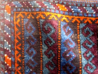 Very unusual antique Baluch bag front, last quarter of the 19th century, with an unusual array of deeply saturated natural colors including various shades of blue, green, aubergine, deep apricot, etc.   ...