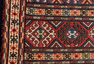 Antique Caucasian Karabagh (Qarabagh) soumak (soumac, sumac) half khorjin, 19th century, complete with striped flat-woven back.  All dyes natural.  Please ask for additional photos if needed.     