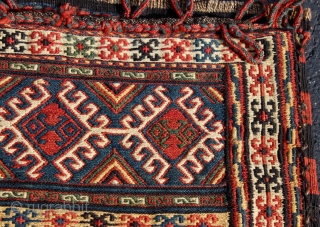 Antique Caucasian Karabagh (Qarabagh) soumak (soumac, sumac) half khorjin, 19th century, complete with striped flat-woven back.  All dyes natural.  Please ask for additional photos if needed.     