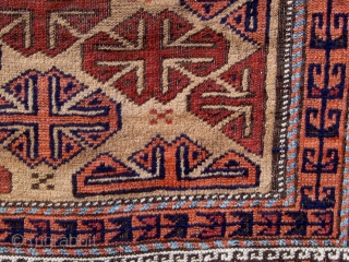 Small antique Baluch, camel ground, all natural dyes, floppy handle, circa 1890-1910, complete flat-weave ends, original sides, one small break easily repaired.  Reasonably priced.  Please ask for additional photos.   ...