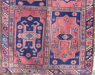 Antique Bergama area Canakkale carpet, circa 1900.  Very unusual format with four large cartouches in the field.  Edges original.  Muted palette with a lovely blue-green not obvious in photos.  ...