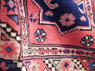 Antique Bergama area Canakkale carpet, circa 1900.  Very unusual format with four large cartouches in the field.  Edges original.  Muted palette with a lovely blue-green not obvious in photos.  ...
