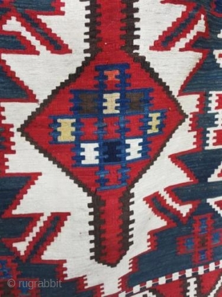 Antique Caucasian Kuba kilim, last quarter of the 19th century, very fine weave, all dyes appear natural, beautiful array of blue including a lovely blue-green, one small early reweave (last photo), 6'by  ...