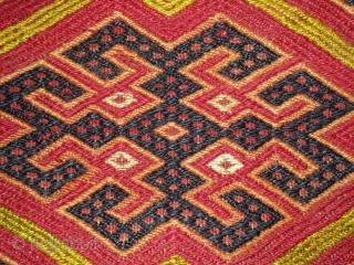 Antique Ersari Turkmen brocaded torba with a lot of silk--at least three colors including mauve, lemon, and the pale green that forms the main lattice design (see last photo).  Complete with  ...