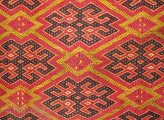 Antique Ersari Turkmen brocaded torba with a lot of silk--at least three colors including mauve, lemon, and the pale green that forms the main lattice design (see last photo).  Complete with  ...