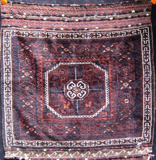 Exceptional Baluch bag front with animals and silk highlights, amazing flat woven ends, very tight weave, floppy handle.  19th century.  32" square. Please ask for additional photos if needed.  