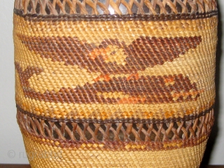 Antique Native American Northwest Coast Nootka-Makah polychrome twined bottle basket, consisting of a bottle covered with fine weave of cedar bark and bear grass.  Solid bands alternating with open lattice work.  ...