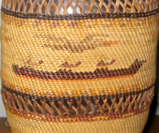 Antique Native American Northwest Coast Nootka-Makah polychrome twined bottle basket, consisting of a bottle covered with fine weave of cedar bark and bear grass.  Solid bands alternating with open lattice work.  ...