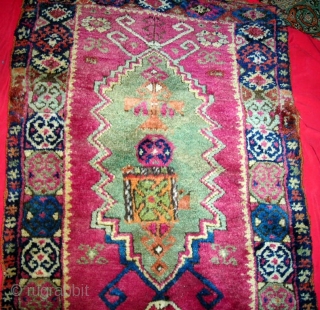 Unusual Anatolian (Kurdish?) large yastik, 19th century, beautiful colors, fleecy wool with original flat weave on both ends, selvages partially original, with an unfortunate but replaceable 4" by 5" patch roughly in  ...