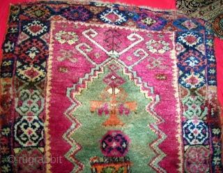 Unusual Anatolian (Kurdish?) large yastik, 19th century, beautiful colors, fleecy wool with original flat weave on both ends, selvages partially original, with an unfortunate but replaceable 4" by 5" patch roughly in  ...