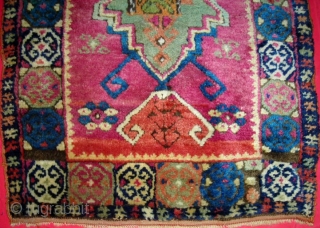 Unusual Anatolian (Kurdish?) large yastik, 19th century, beautiful colors, fleecy wool with original flat weave on both ends, selvages partially original, with an unfortunate but replaceable 4" by 5" patch roughly in  ...