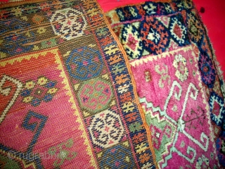 Unusual Anatolian (Kurdish?) large yastik, 19th century, beautiful colors, fleecy wool with original flat weave on both ends, selvages partially original, with an unfortunate but replaceable 4" by 5" patch roughly in  ...