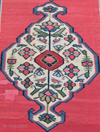 Antique Bidjar kilim runner, circa 1890-1900.  All natural dyes, including a beautiful yellow gold and green.  Birds in the central medallion.  Some old repairs. 46" by 180".   