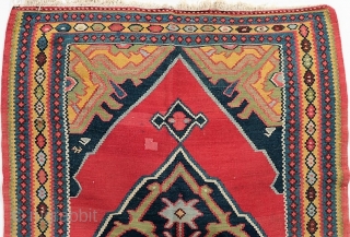 Antique Bidjar kilim runner, circa 1890-1900.  All natural dyes, including a beautiful yellow gold and green.  Birds in the central medallion.  Some old repairs. 46" by 180".   