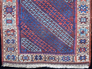 Antique symmetrically knotted Baluch prayer rug with a lovely palette of aubergine and blue (four shades including blue-green), all dyes natural, floppy handle.  Some of the original flat weave is still  ...