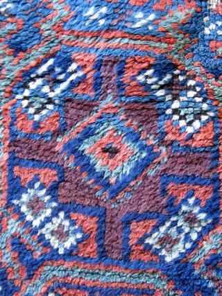 Antique symmetrically knotted Baluch prayer rug with a lovely palette of aubergine and blue (four shades including blue-green), all dyes natural, floppy handle.  Some of the original flat weave is still  ...