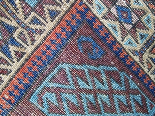 Antique symmetrically knotted Baluch prayer rug with a lovely palette of aubergine and blue (four shades including blue-green), all dyes natural, floppy handle.  Some of the original flat weave is still  ...