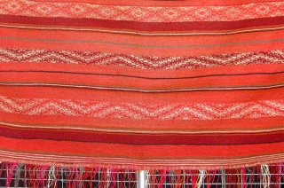 Antique Quechua poncho (ponchito), Peru, early/mid. 20th century, in good condition.  36" by 38".  Fringed all around with corners rounded by folding.  Dyes may be a mixture of natural  ...