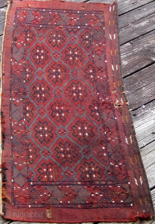 Antique 19th Century Turkmen Yomut (Yomud) group torba, flat woven, extremely fine, all dyes appear natural, some damage as seen.  Please ask for additional photos.       