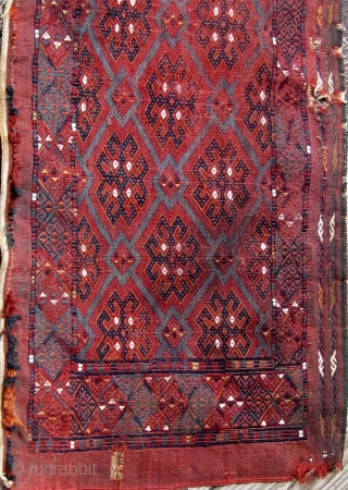 Antique 19th Century Turkmen Yomut (Yomud) group torba, flat woven, extremely fine, all dyes appear natural, some damage as seen.  Please ask for additional photos.       