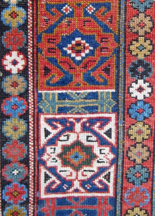 Mid 19th Century (possibly earlier) Caucasian rug, Kuba or Shirvan area, with all natural dyes in a wide array of colors (4 shades of blue, green, gold, brown, ivory, apricot, rose, red,  ...