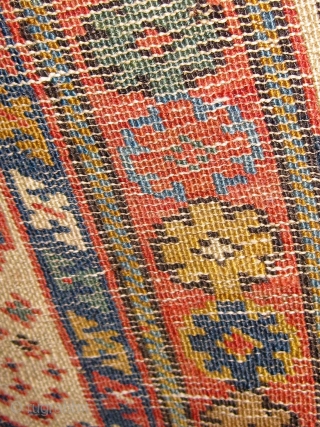 Mid 19th Century (possibly earlier) Caucasian rug, Kuba or Shirvan area, with all natural dyes in a wide array of colors (4 shades of blue, green, gold, brown, ivory, apricot, rose, red,  ...