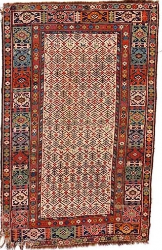 Mid 19th Century (possibly earlier) Caucasian rug, Kuba or Shirvan area, with all natural dyes in a wide array of colors (4 shades of blue, green, gold, brown, ivory, apricot, rose, red,  ...