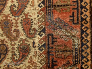 Rare antique Baluch runner with beautifully drawn botehs on a pale camel field.  Lovely shades of pale, medium, and dark blue.  Original flat woven ends and sides.  All colors  ...