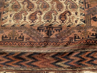 Rare antique Baluch runner with beautifully drawn botehs on a pale camel field.  Lovely shades of pale, medium, and dark blue.  Original flat woven ends and sides.  All colors  ...