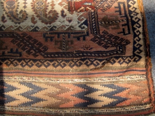 Rare antique Baluch runner with beautifully drawn botehs on a pale camel field.  Lovely shades of pale, medium, and dark blue.  Original flat woven ends and sides.  All colors  ...