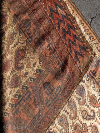 Rare antique Baluch runner with beautifully drawn botehs on a pale camel field.  Lovely shades of pale, medium, and dark blue.  Original flat woven ends and sides.  All colors  ...