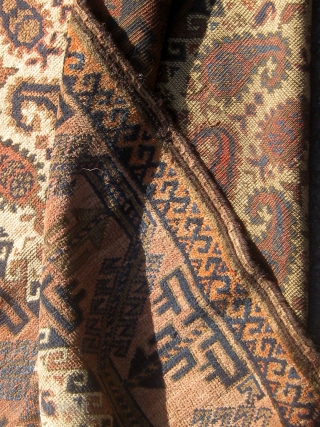 Rare antique Baluch runner with beautifully drawn botehs on a pale camel field.  Lovely shades of pale, medium, and dark blue.  Original flat woven ends and sides.  All colors  ...