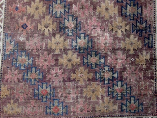 Antique small Baluch rug, symmetrically knotted, with a lovely array of light shades including aubergine, various hues of blue, rose, violet, etc.  Complete with kilim ends, all dyes appear natural with  ...