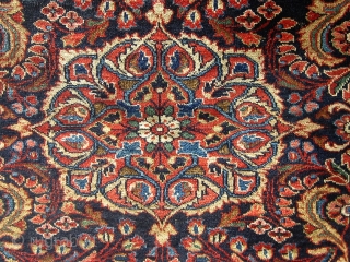 Antique Persian Lilihan, circa 1910-1920. 57" by 45".  Navy blue field, not a painted rug, with dyes that appear natural including rose, green, pale blue, pale brown, etc.  Overall good  ...