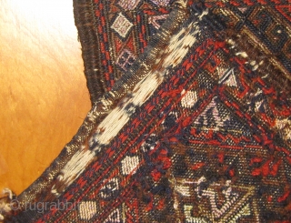 Antique 19th Century flat weave Baluch chanteh.  In good condition with selvedges partially reattached (see photos).  Silk (pale violet) and metal thread details.  Roughly 16" by 9".  Please  ...