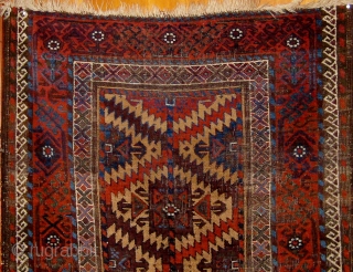 Beautiful 19th century Baluch carpet, extremely rare field design, with a beautiful array of blues, all natural dyes.  In good condition, edges all original, ends reduced, usual oxidation of the brown  ...