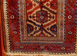 Beautiful 19th century Baluch carpet, extremely rare field design, with a beautiful array of blues, all natural dyes.  In good condition, edges all original, ends reduced, usual oxidation of the brown  ...