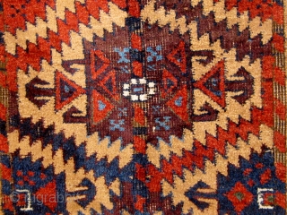 Beautiful 19th century Baluch carpet, extremely rare field design, with a beautiful array of blues, all natural dyes.  In good condition, edges all original, ends reduced, usual oxidation of the brown  ...