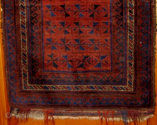 Antique Baluch prayer rug, dark palette, all dyes natural, circa 1900-1920, in beautiful condition with basically full pile and original sides and ends (including rarely seen braiding on the top end and  ...