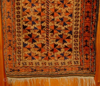 Antique camel ground "tree of life" design Baluch prayer rug, in near pristine condition.  Original ends and sides.  All dyes natural.  34" by 65".  Circa 1890-1900.  Please  ...