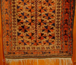 Antique camel ground "tree of life" design Baluch prayer rug, in near pristine condition.  Original ends and sides.  All dyes natural.  34" by 65".  Circa 1890-1900.  Please  ...