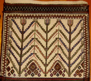 Semi-antique extremely interesting graphic flat-weave Baluch complete bag, in excellent condition.  First half of the 20th Century, all original, some synthetic dyes mixed in with natural dyes.  24" by 43".  ...
