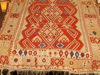Antique central or western Anatolian prayer or altar kilim, in beautiful condition.  19th Century.  All natural dyes.  Complete ends and sides.  Two well executed repairs lower left.   ...