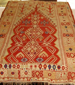 Antique central or western Anatolian prayer or altar kilim, in beautiful condition.  19th Century.  All natural dyes.  Complete ends and sides.  Two well executed repairs lower left.   ...